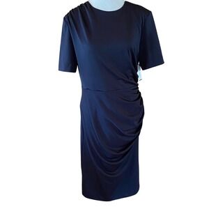 Alexia Admor NWT Flaw Navy Blue Ruched Sheath Dress Short Sleeve Crew Neck Large